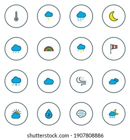 Fijación de líneas de colores con íconos de aire con golpe, clima después de lluvia, sol y otros elementos de viento. Iconos de aire de ilustración vectorial aislados.