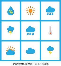 Air icons flat style set with lightning, cloudy, rainy and other cloud elements. Isolated vector illustration air icons.