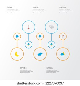 Air icons flat style set with hail, blizzard, lightning and other shower elements. Isolated vector illustration air icons.