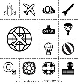 Air icons. set of 13 editable filled and outline air icons such as fan, open air, rocket bomb, man with parachute, plane, o2 oxygen, beach ball