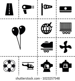 Air icons. set of 13 editable filled air icons such as runway, wind cone, hair dryer, balloon, luggage compartment in airplane, air conditioner, helicopter, plane, fan