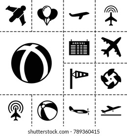 Air icons. set of 13 editable filled air icons such as plane, plane taking off, wind cone, arrival table, beach ball, balloon, fan, hang glider, helicopter