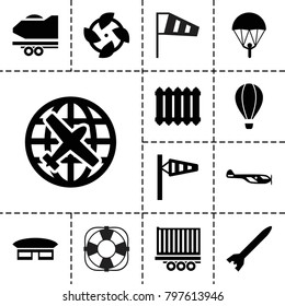 Air icons. set of 13 editable filled air icons such as wind cone, helicopter, plane, parachute, fan, radiator, rocket bomb, airport, air balloon
