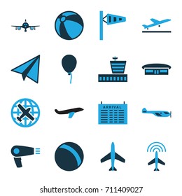 Air icons set. set of 16 air bi-color icons such as plane, plane taking off, wind cone, helicopter, arrival table, airport, ball, beach ball, baloon, paper airplane