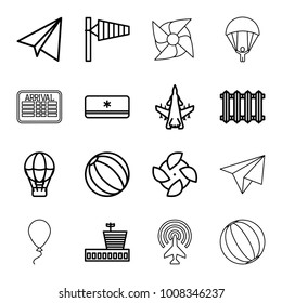 Air icons. set of 16 editable outline air icons such as wind cone, airport, paper airplane, beach ball, fan, radiator, plane, arrival table, parachute