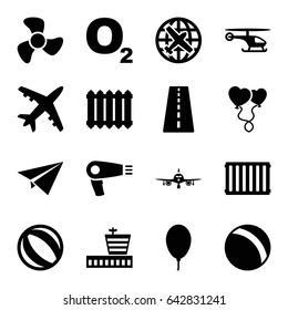 Air icons set. set of 16 air filled icons such as runway, plane, airport, ball, hair dryer, heart balloons, balloon, fan, radiator, helicopter, paper plane, beach ball