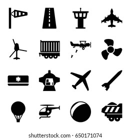 Air icons set. set of 16 air filled icons such as runway, wind cone, airport tower, cargo trailer, luggage compartment in airplane, medical helicopter, fan, plane, rocket bomb