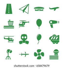 Air icons set. set of 16 air filled icons such as runway, airport, airport tower, paper airplane, hair dryer, plane, fan, cargo trailer, medical helicopter, balloon, gas mask
