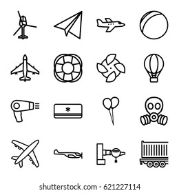 Air icons set. set of 16 air outline icons such as jetway, helicopter, paper airplane, hair dryer, balloon, fan, cargo trailer, plane, gas mask