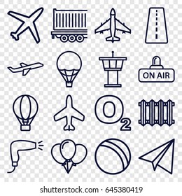 Air icons set. set of 16 air outline icons such as plane, runway, airport tower, ball, paper airplane, hair dryer, cargo trailer, radiator, o2 oxygen