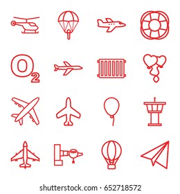 Air icons set. set of 16 air outline icons such as plane, jetway, helicopter, airport tower, baloon, paper airplane, fan, heart balloons, radiator, air balloon, o2 oxygen