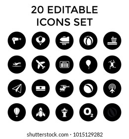 Air icons. set of 20 editable filled air icons such as airport, ball, baloon, paper airplane, balloon, o2 oxygen. best quality air elements in trendy style.