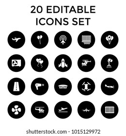 Air icons. set of 20 editable filled air icons such as runway, plane taking off, plane, airport, balloon, axle with propeller, fan. best quality air elements in trendy style.
