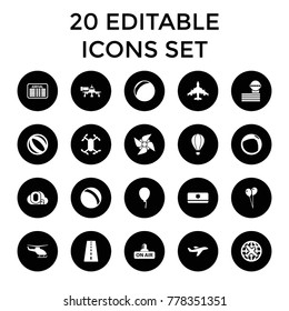 Air icons. set of 20 editable filled air icons such as runway, plane, ball, baloon, balloon, beach ball, plastic ball. best quality air elements in trendy style.