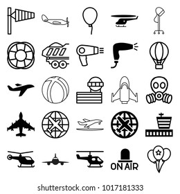 Air icons. set of 25 editable filled and outline air icons such as helicopter, plane, airport, hair dryer, wind cone, airport tower, baloon, fan, cargo trailer, balloon