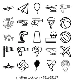 Air icons. set of 25 editable outline air icons such as balloon, runway, wind cone, helicopter, airport tower, beach ball, baloon, paper airplane, hair dryer, fan, plane