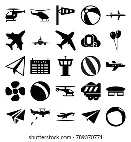 Air icons. set of 25 editable filled air icons such as wind cone, arrival table, airport tower, ball, beach ball, paper airplane, balloon, plane, fan, cargo trailer