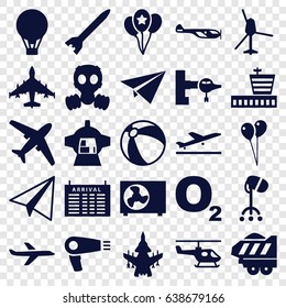 Air icons set. set of 25 air filled icons such as plane taking off, jetway, helicopter, arrival table, airport, beach ball, paper airplane, hair dryer, balloon, cargo trailer