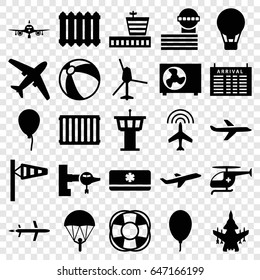 Air icons set. set of 25 air filled icons such as plane, wind cone, jetway, arrival table, airport, airport tower, beach ball, baloon, fan, medical helicopter, balloon