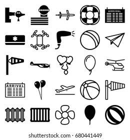 Air icons set. set of 25 air filled and outline icons such as wind cone, jetway, helicopter, arrival table, airport tower, hair dryer, balloon, fan, air conditioner, radiator