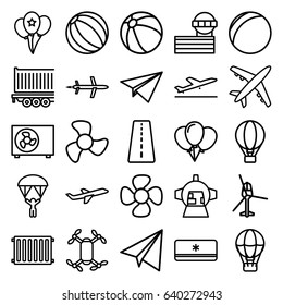 Air icons set. set of 25 air outline icons such as runway, plane taking off, airport tower, beach ball, paper airplane, fan, cargo trailer, luggage compartment in airplane