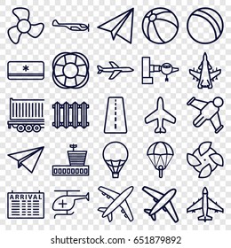 Air icons set. set of 25 air outline icons such as plane, runway, jetway, helicopter, arrival table, airport, ball, beach ball, paper airplane, fan, cargo trailer