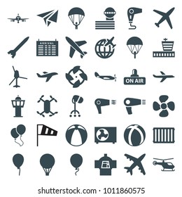 Air icons. set of 36 editable filled air icons such as plane, helicopter, arrival table, airport, airport tower, baloon, hair dryer, parachute, fan, axle with propeller