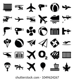 Air icons. set of 36 editable filled air icons such as jetway, helicopter, arrival table, airport, ball, beach ball, paper airplane, hair dryer, fan, plane, o2 oxygen