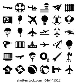Air icons set. set of 36 air filled icons such as plane, plane taking off, jetway, helicopter, airport tower, ball, beach ball, baloon, paper airplane, hair dryer, fan