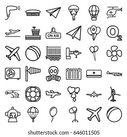 Air icons set. set of 36 air outline icons such as plane taking off, wind cone, jetway, plane, helicopter, arrival table, airport, ball, paper airplane, hair dryer, balloon