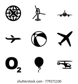 Air icons. set of 9 editable filled and outline air icons such as plane, beach ball, o2 oxygen, helicopter