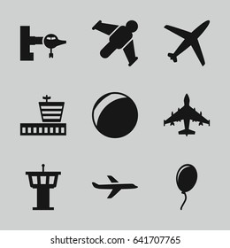 Air icons set. set of 9 air filled icons such as jetway, airport, airport tower, balloon, plane, hang glider