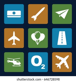 Air icons set. set of 9 air filled icons such as plane, runway, helicopter, air conditioner, rocket bomb, paper plane, balloon