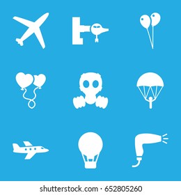 Air icons set. set of 9 air filled icons such as jetway, hair dryer, balloon, heart balloons, gas mask, plane, parachute