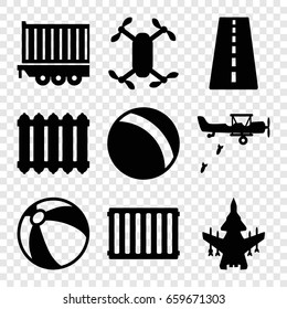 Air icons set. set of 9 air filled icons such as runway, ball, beach ball, cargo trailer, radiator, plane, military plane