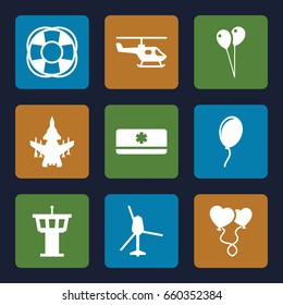 Air icons set. set of 9 air filled icons such as airport tower, balloon, fan, heart balloons, air conditioner, plane