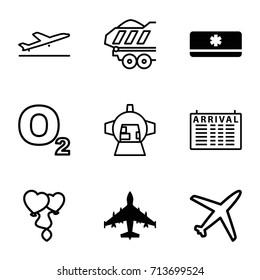 Air icons set. set of 9 air filled and outline icons such as air conditioner, plane, plane taking off, arrival table, cargo trailer, luggage compartment in airplane