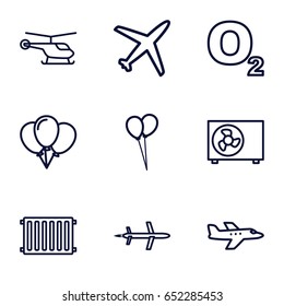 Air icons set. set of 9 air outline icons such as helicopter, balloon, air conditioner, radiator, plane