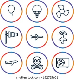 Air icons set. set of 9 air outline icons such as plane, wind cone, baloon, fan