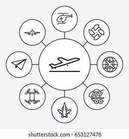 Air icons set. set of 9 air outline icons such as plane taking off, plane, cargo trailer, medical helicopter, paper plane, axle with propeller