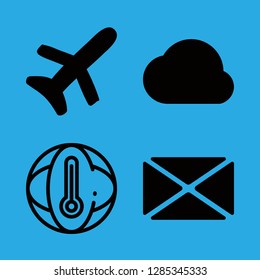 air icons set with airplane, cloud black shape and new mail envelope vector set