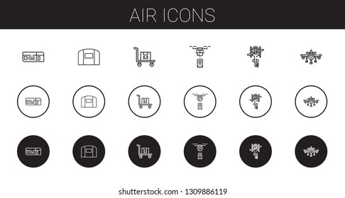 air icons set. Collection of air with boarding pass, hangar, transportation, drone, helicopter, airplane. Editable and scalable air icons.