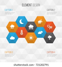 Air Icons Set. Collection Of Cloudy, Sun, Lightning And Other Elements. Also Includes Symbols Such As Cold, Wind, Hot.