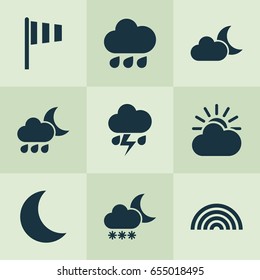 Air Icons Set. Collection Of Colors, Moon, Nightly And Other Elements. Also Includes Symbols Such As Rain, Crescent, Flag.