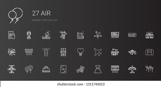 air icons set. Collection of air with air conditioner, geyser, love letter, hockey, hood, balloon, airplane, plane, hot balloon, runway. Editable and scalable icons.