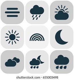 Air Icons Set. Collection Of Douche, Sun-Cloud, Haze And Other Elements. Also Includes Symbols Such As Overcast, Moonlight, Hate.