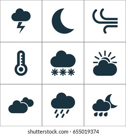 Air Icons Set. Collection Of Douche, Temperature, Nightly And Other Elements. Also Includes Symbols Such As Breeze, Overcast, Nightly.
