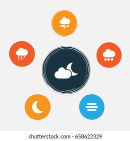 Air Icons Set. Collection Of Flash, Moonlight, Douche And Other Elements. Also Includes Symbols Such As Sleet, Flash, Shower.