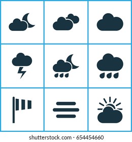 Air Icons Set. Collection Of Haze, Cloudy, Lightning And Other Elements. Also Includes Symbols Such As Vane, Moonlight, Rainy.