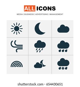 Air Icons Set. Collection Of Moonlight, Wet, Sun And Other Elements. Also Includes Symbols Such As Shower, Colors, Rainbow.